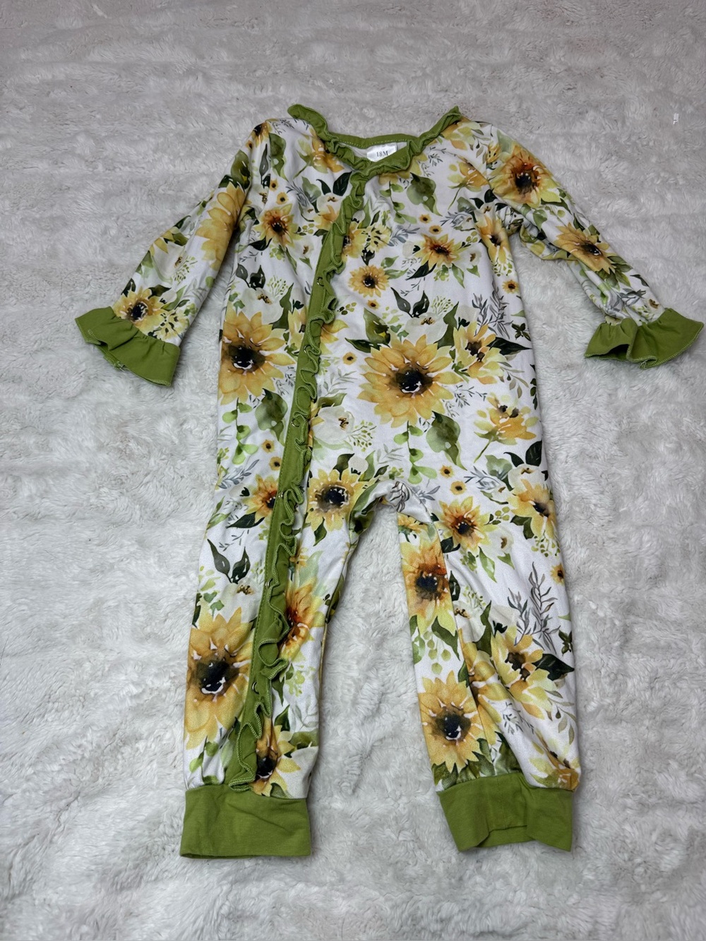 Sunflower Ruffle Front Footie One-Piece in Green and Yellow